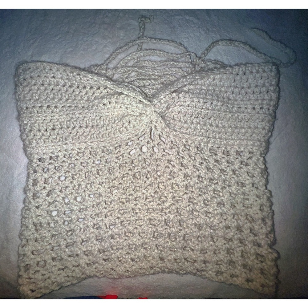 Handmade White Crochet Crop Top W/ a Twisted Front Design